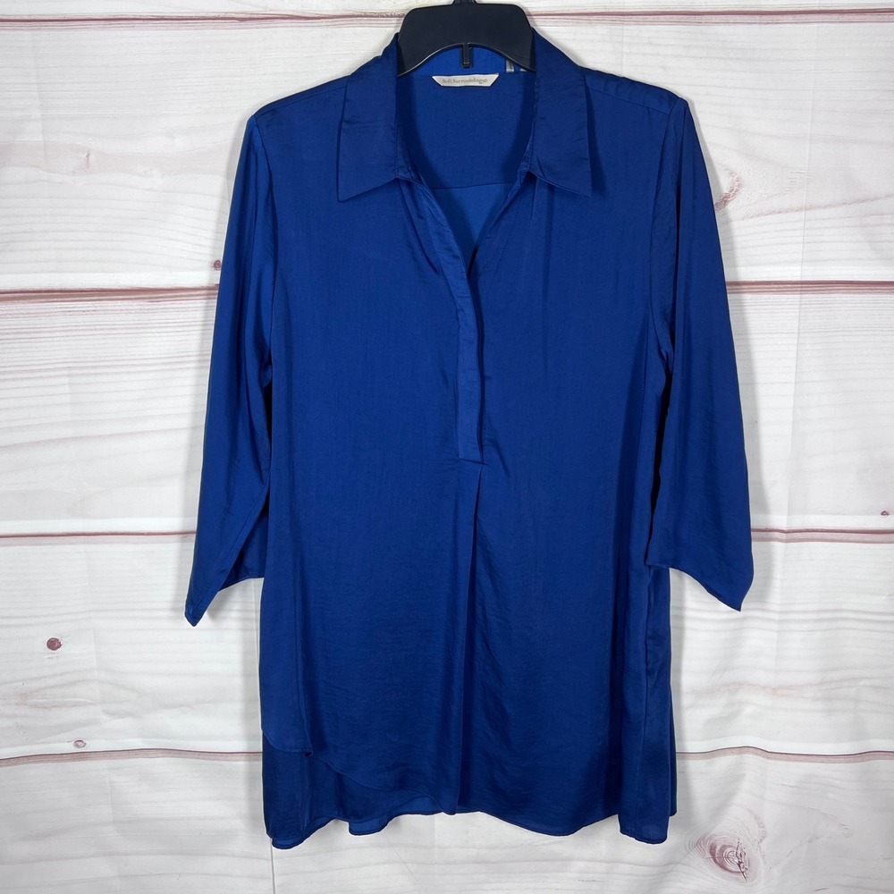 Soft Surroundings Tunic Top Womens Medium Blue Satin Pullover V-Neck 3/4 Sleeve